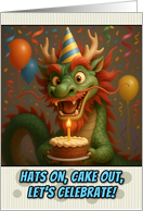 Happy Birthday Chinese Dragon with Party Hat and Birthday Cake card