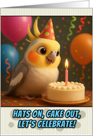 Happy Birthday Cockatiel with Party Hat and Birthday Cake card
