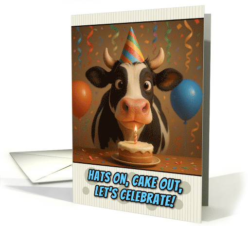 Happy Birthday Cow with Party Hat and Birthday Cake card (1925498)