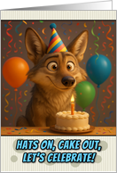Happy Birthday Coyote with Party Hat and Birthday Cake card