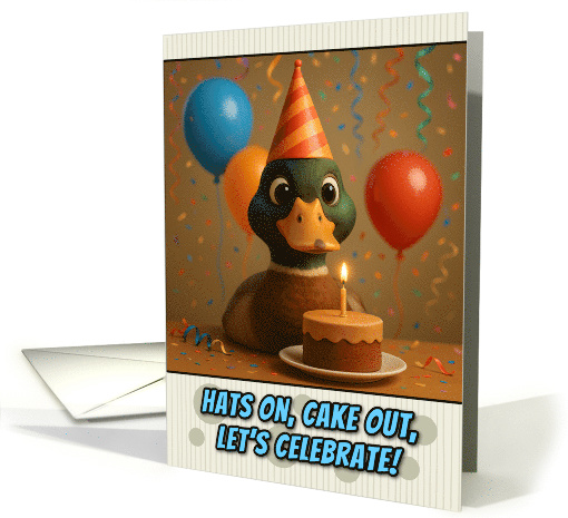 Happy Birthday Duck with Party Hat and Birthday Cake card (1925834)