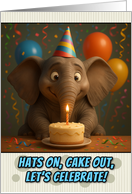 Happy Birthday Elephant with Party Hat and Birthday Cake card