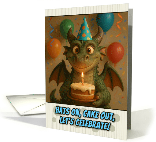 Happy Birthday European Dragon with Party Hat and Birthday Cake card