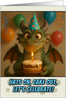 Happy Birthday European Dragon with Party Hat and Birthday Cake card