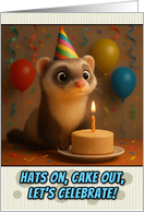 Happy Birthday Ferret with Party Hat and Birthday Cake card