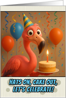 Happy Birthday Flamingo with Party Hat and Birthday Cake card