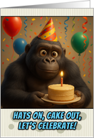 Happy Birthday Gorilla with Party Hat and Birthday Cake card
