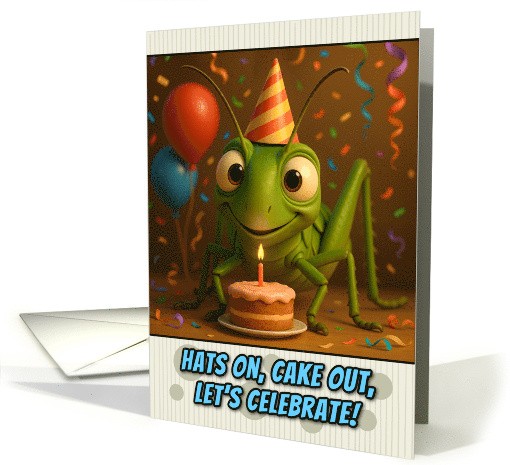Happy Birthday Grasshopper with Party Hat and Birthday Cake card
