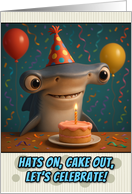 Happy Birthday Hammerhead Shark with Party Hat and Birthday Cake card