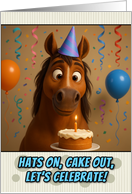 Happy Birthday Horse with Party Hat and Birthday Cake card