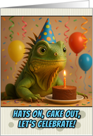 Happy Birthday Iguana with Party Hat and Birthday Cake card
