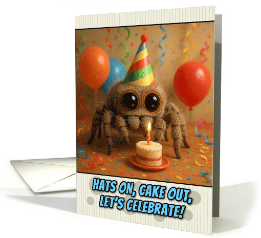 Happy Birthday Jumping Spider with Party Hat and Birthday Cake card