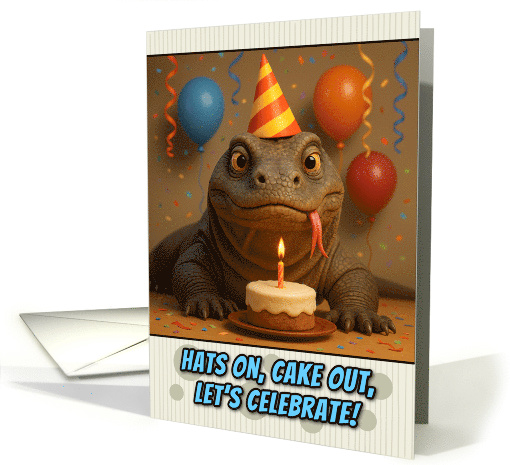 Happy Birthday Komodo Dragon with Party Hat and Birthday Cake card