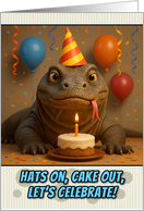 Happy Birthday Komodo Dragon with Party Hat and Birthday Cake card