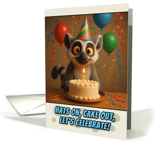 Happy Birthday Lemur with Party Hat and Birthday Cake card (1926082)