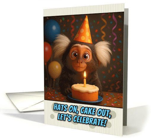 Happy Birthday Marmoset Monkey with Party Hat and Birthday Cake card
