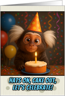 Happy Birthday Marmoset Monkey with Party Hat and Birthday Cake card