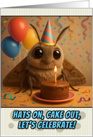 Happy Birthday Moth with Party Hat and Birthday Cake card