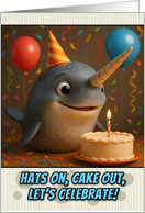 Happy Birthday Narwhal with Party Hat and Birthday Cake card