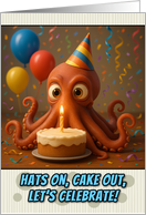 Happy Birthday Octopus with Party Hat and Birthday Cake card