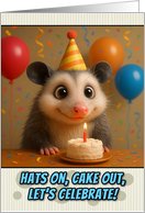 Happy Birthday Opossum with Party Hat and Birthday Cake card