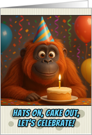 Happy Birthday Orangutan with Party Hat and Birthday Cake card