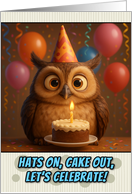 Happy Birthday Owl with Party Hat and Birthday Cake card