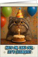 Happy Birthday Pallas Cat with Party Hat and Birthday Cake card