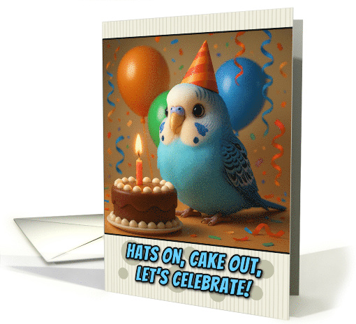 Happy Birthday Parakeet with Party Hat and Birthday Cake card