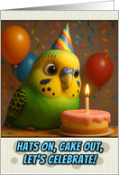 Happy Birthday Parakeet with Party Hat and Birthday Cake card