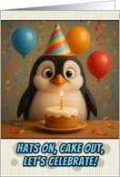 Happy Birthday Penguin with Party Hat and Birthday Cake card