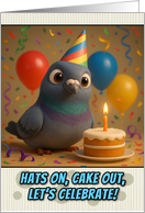 Happy Birthday Pigeon with Party Hat and Birthday Cake card