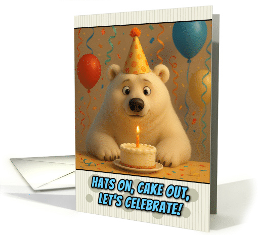 Happy Birthday Polar Bear with Party Hat and Birthday Cake card