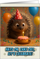 Happy Birthday Porcupine with Party Hat and Birthday Cake card