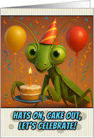 Happy Birthday Praying Mantis with Party Hat and Birthday Cake card