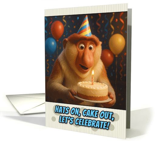 Happy Birthday Proboscis Monkey with Party Hat and Birthday Cake card