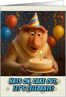 Happy Birthday Proboscis Monkey with Party Hat and Birthday Cake card