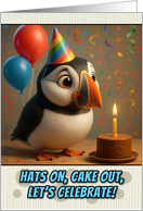 Happy Birthday Puffin with Party Hat and Birthday Cake card