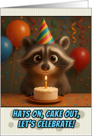 Happy Birthday Raccoon with Party Hat and Birthday Cake card