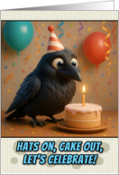 Happy Birthday Raven with Party Hat and Birthday Cake card