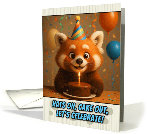 Happy Birthday Red Panda with Party Hat and Birthday Cake card