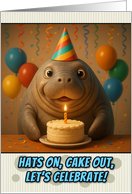 Happy Birthday Sea Cow with Party Hat and Birthday Cake card
