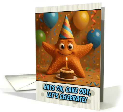 Happy Birthday Starfish with Party Hat and Birthday Cake card