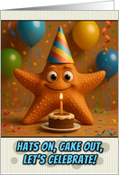 Happy Birthday Starfish with Party Hat and Birthday Cake card