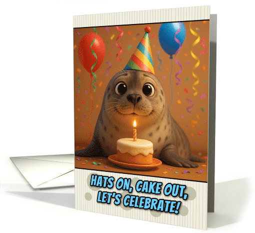 Happy Birthday Seal with Party Hat and Birthday Cake card (1926402)