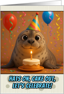 Happy Birthday Seal with Party Hat and Birthday Cake card