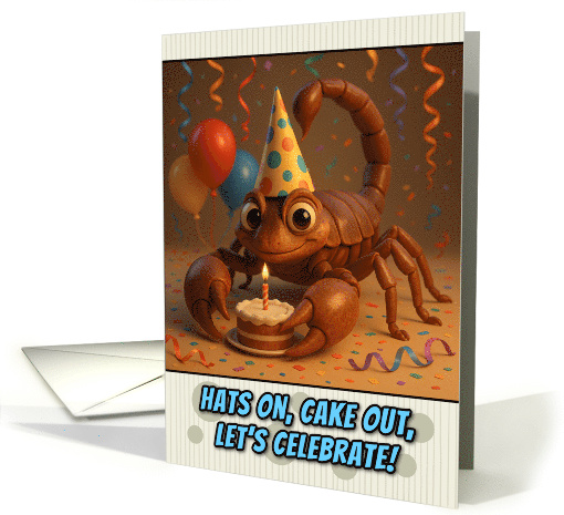 Happy Birthday Scorpion with Party Hat and Birthday Cake card