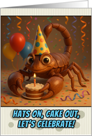Happy Birthday Scorpion with Party Hat and Birthday Cake card