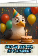Happy Birthday Seagull with Party Hat and Birthday Cake card