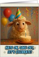 Happy Birthday Sheep with Party Hat and Birthday Cake card